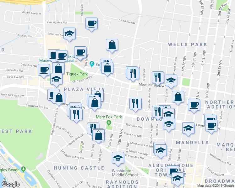 map of restaurants, bars, coffee shops, grocery stores, and more near 715 13th Street Northwest in Albuquerque