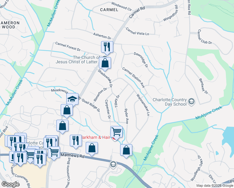 map of restaurants, bars, coffee shops, grocery stores, and more near 5801 Tillery Drive in Charlotte
