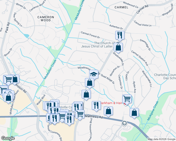 map of restaurants, bars, coffee shops, grocery stores, and more near 5633 Ivygate Lane in Charlotte