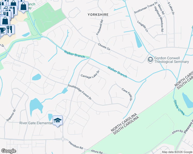 map of restaurants, bars, coffee shops, grocery stores, and more near 14804 Karina Falls Court in Charlotte