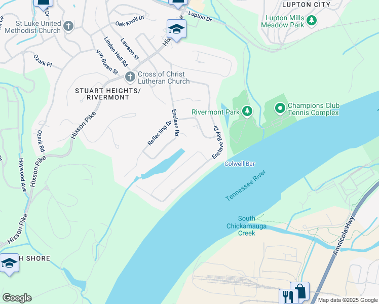 map of restaurants, bars, coffee shops, grocery stores, and more near 1394 Quiet Pond Drive in Chattanooga