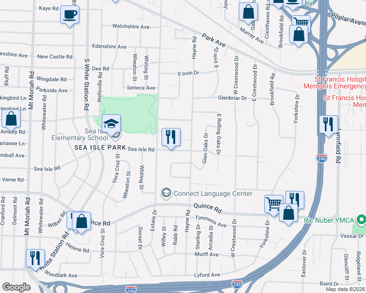map of restaurants, bars, coffee shops, grocery stores, and more near 5363 Sea Isle Road in Memphis