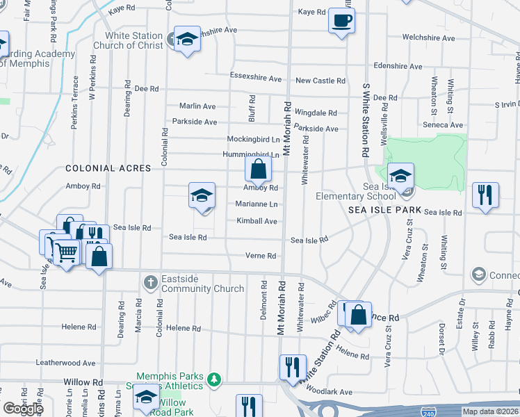 map of restaurants, bars, coffee shops, grocery stores, and more near 4920 Kimball Avenue in Memphis