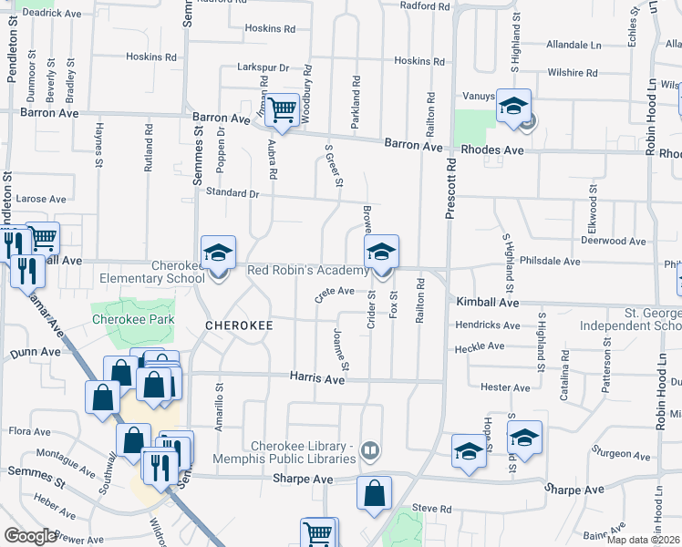 map of restaurants, bars, coffee shops, grocery stores, and more near 3222 Crete Avenue in Memphis