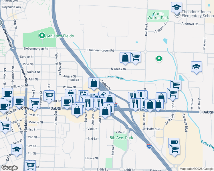 map of restaurants, bars, coffee shops, grocery stores, and more near 1110 Collier Drive in Conway