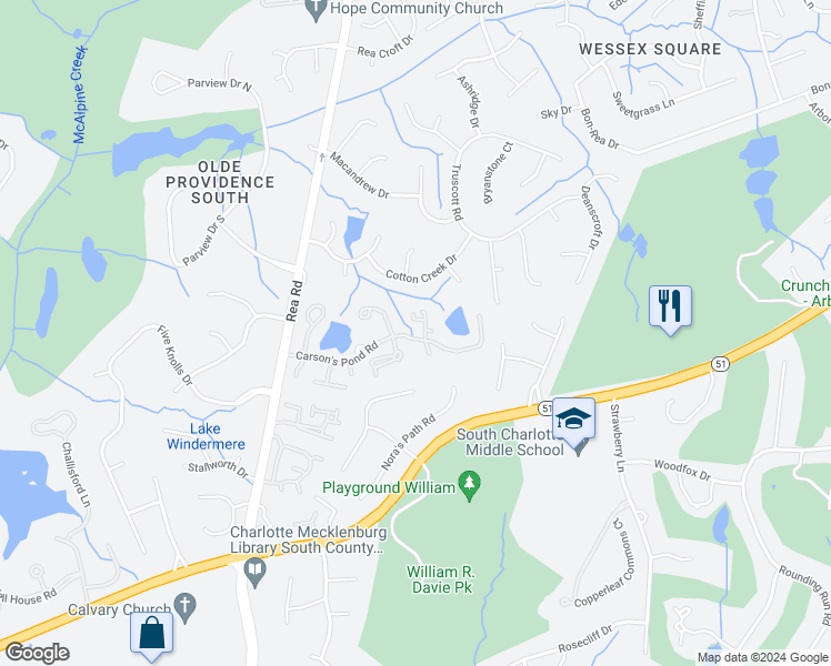 map of restaurants, bars, coffee shops, grocery stores, and more near 5130 Tedorill Lane in Charlotte
