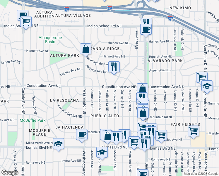 map of restaurants, bars, coffee shops, grocery stores, and more near 924 Madison Street Northeast in Albuquerque