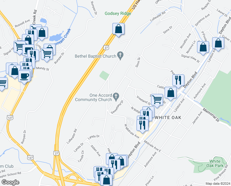 map of restaurants, bars, coffee shops, grocery stores, and more near 112 Hendricks Boulevard in Chattanooga