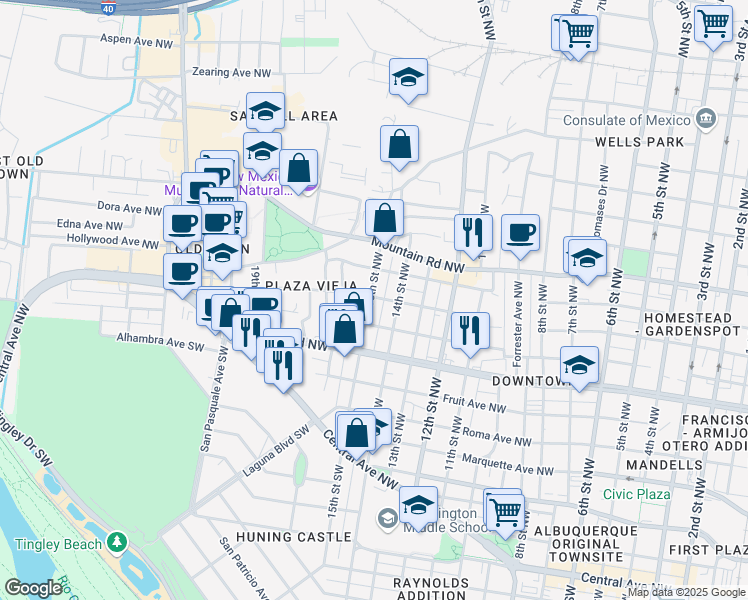 map of restaurants, bars, coffee shops, grocery stores, and more near 605 14th Street Northwest in Albuquerque