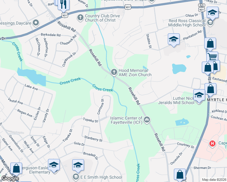 map of restaurants, bars, coffee shops, grocery stores, and more near 2049 Corrinna Street in Fayetteville