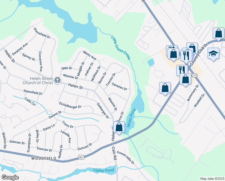 map of restaurants, bars, coffee shops, grocery stores, and more near 1628 Barber Avenue in Fayetteville