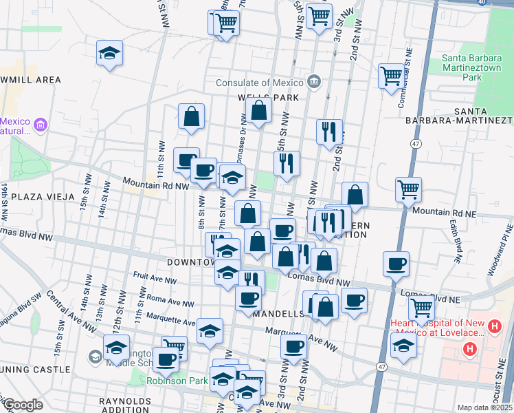 map of restaurants, bars, coffee shops, grocery stores, and more near 512 Granite Avenue Northwest in Albuquerque