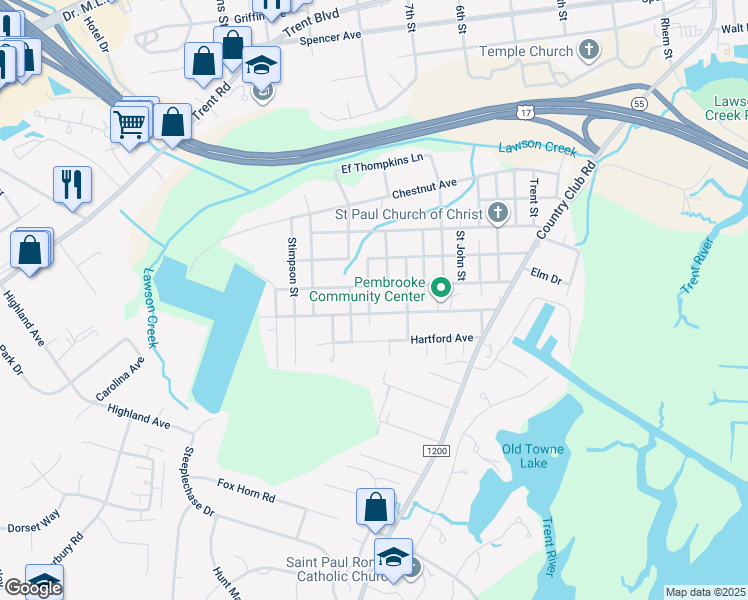 map of restaurants, bars, coffee shops, grocery stores, and more near 2401-2499 State Road 1320 in New Bern