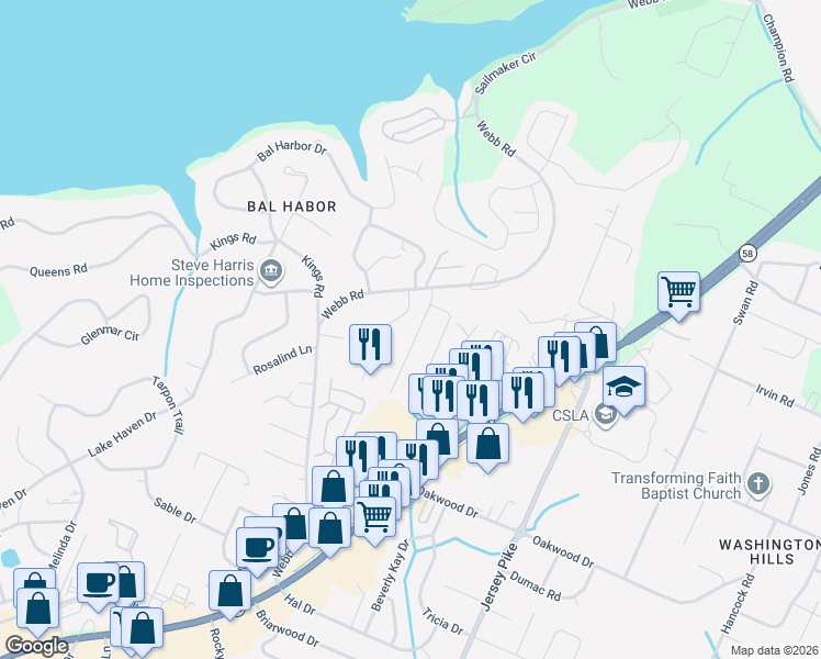 map of restaurants, bars, coffee shops, grocery stores, and more near 4042 Arbor Place Lane in Chattanooga
