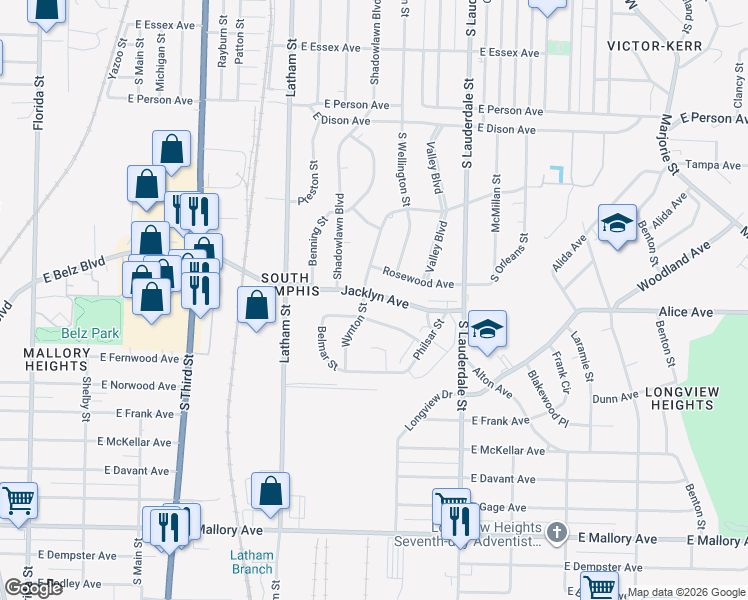 map of restaurants, bars, coffee shops, grocery stores, and more near 450 Fernwood Avenue in Memphis