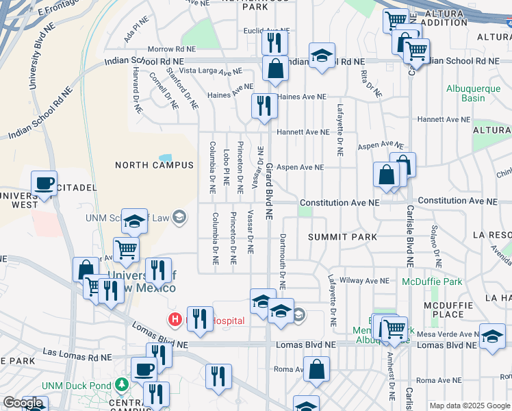 map of restaurants, bars, coffee shops, grocery stores, and more near 1130 Vassar Drive Northeast in Albuquerque
