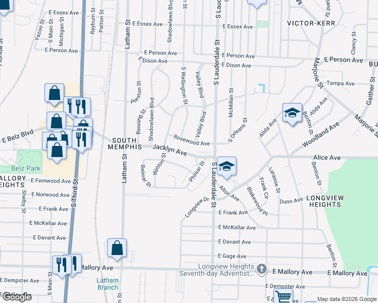 map of restaurants, bars, coffee shops, grocery stores, and more near 495 Jacklyn Avenue in Memphis
