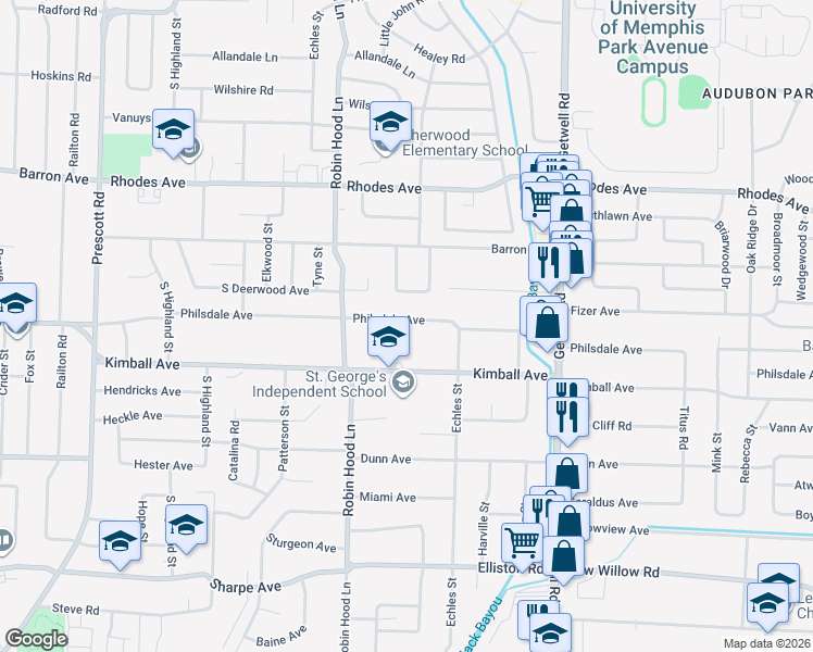 map of restaurants, bars, coffee shops, grocery stores, and more near 3760 Kimball Avenue in Memphis