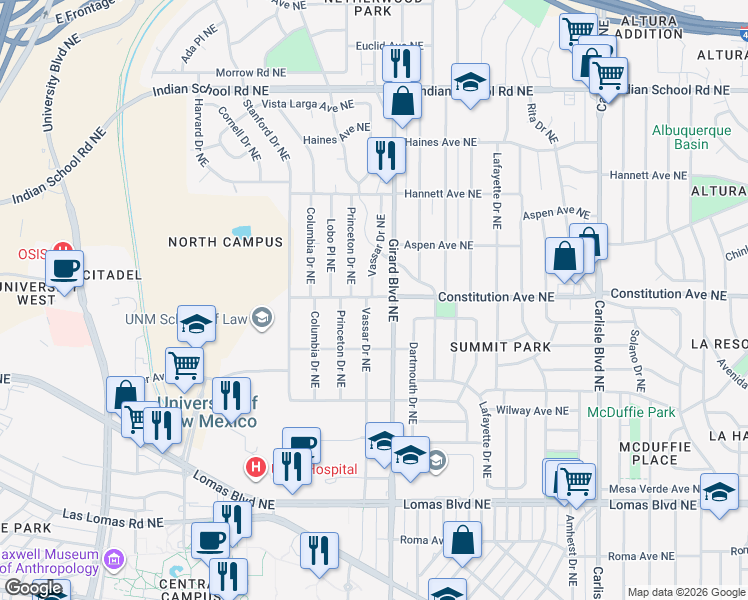 map of restaurants, bars, coffee shops, grocery stores, and more near 1130 Vassar Drive Northeast in Albuquerque