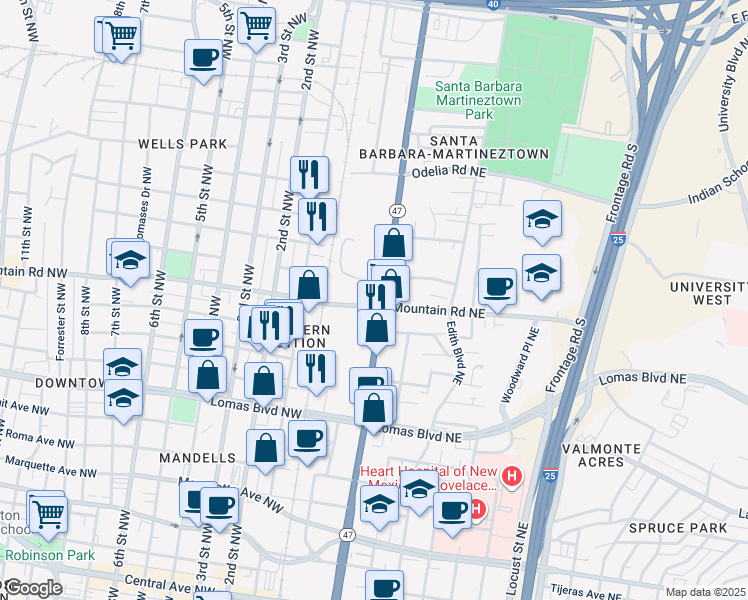 map of restaurants, bars, coffee shops, grocery stores, and more near 1114 Broadway Boulevard Northeast in Albuquerque