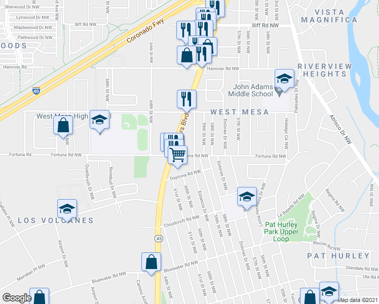 map of restaurants, bars, coffee shops, grocery stores, and more near 6100 Fortuna Road Northwest in Albuquerque