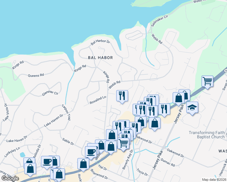 map of restaurants, bars, coffee shops, grocery stores, and more near 4002 Lara Lane in Chattanooga