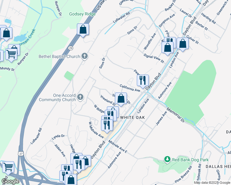 map of restaurants, bars, coffee shops, grocery stores, and more near 214 Sweetland Drive in Chattanooga