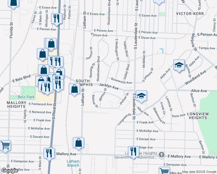 map of restaurants, bars, coffee shops, grocery stores, and more near 450 Fernwood Avenue in Memphis