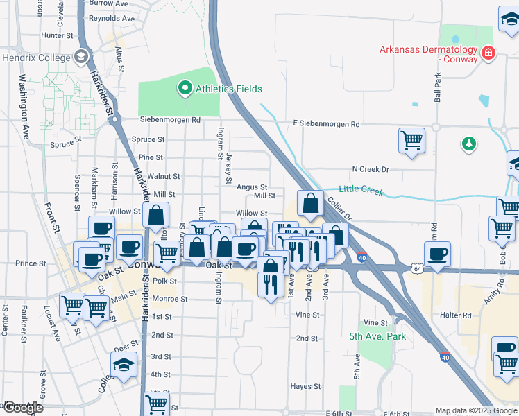 map of restaurants, bars, coffee shops, grocery stores, and more near 321 Willow Street in Conway