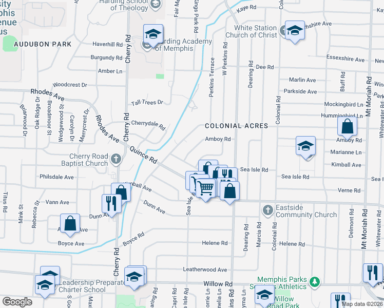 map of restaurants, bars, coffee shops, grocery stores, and more near 4566 Monaco Road in Memphis