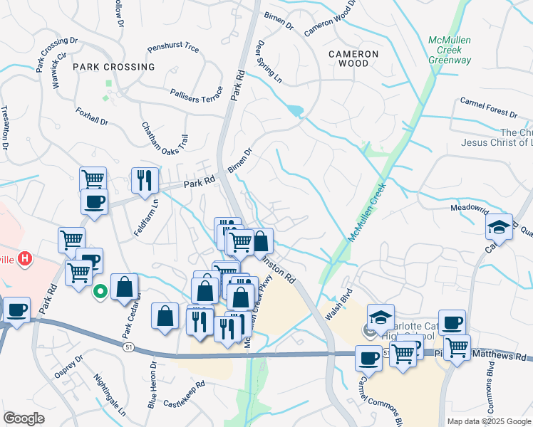 map of restaurants, bars, coffee shops, grocery stores, and more near 7700 Cedar Point Lane in Charlotte