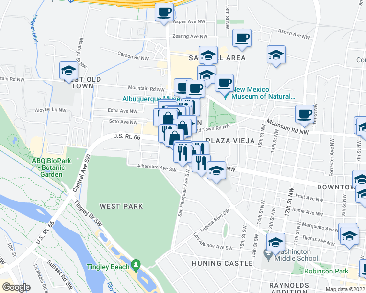 map of restaurants, bars, coffee shops, grocery stores, and more near 110 San Felipe Street Northwest in Albuquerque