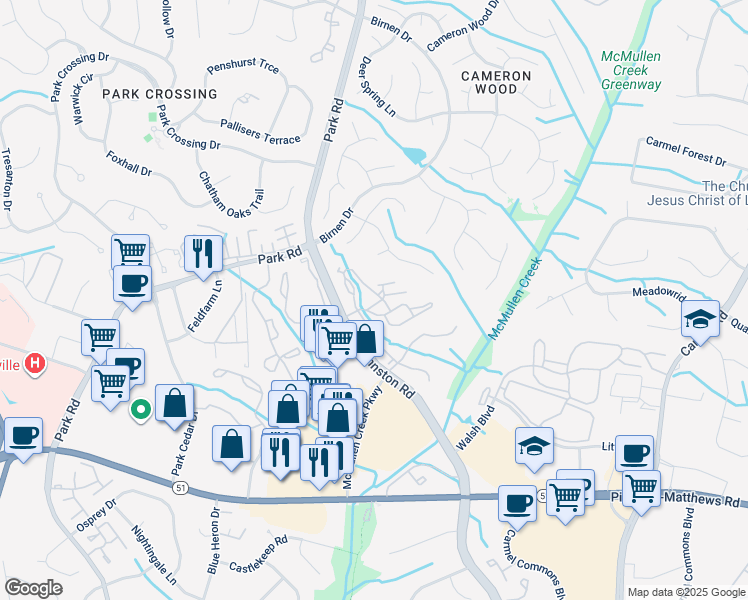 map of restaurants, bars, coffee shops, grocery stores, and more near 10109 Johnston Road in Charlotte