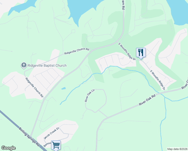 map of restaurants, bars, coffee shops, grocery stores, and more near 140 Southern Oaks Drive in Inman