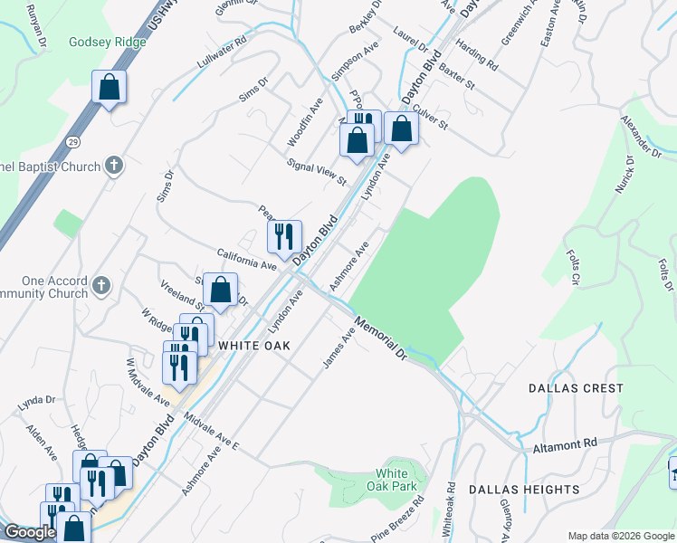map of restaurants, bars, coffee shops, grocery stores, and more near 2328 Ashmore Avenue in Chattanooga