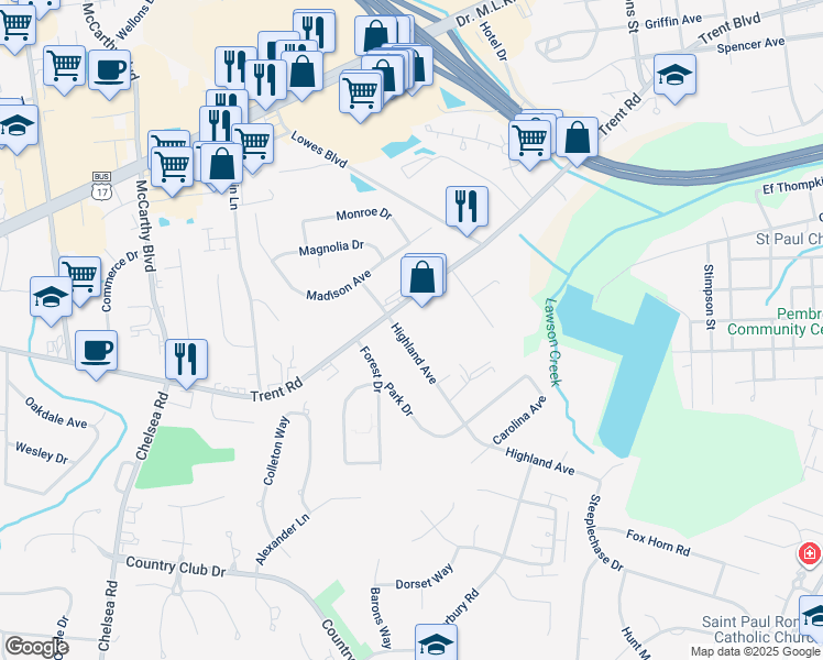 map of restaurants, bars, coffee shops, grocery stores, and more near 1212 Highland Avenue in New Bern