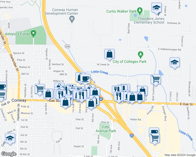 map of restaurants, bars, coffee shops, grocery stores, and more near 1110 Collier Drive in Conway