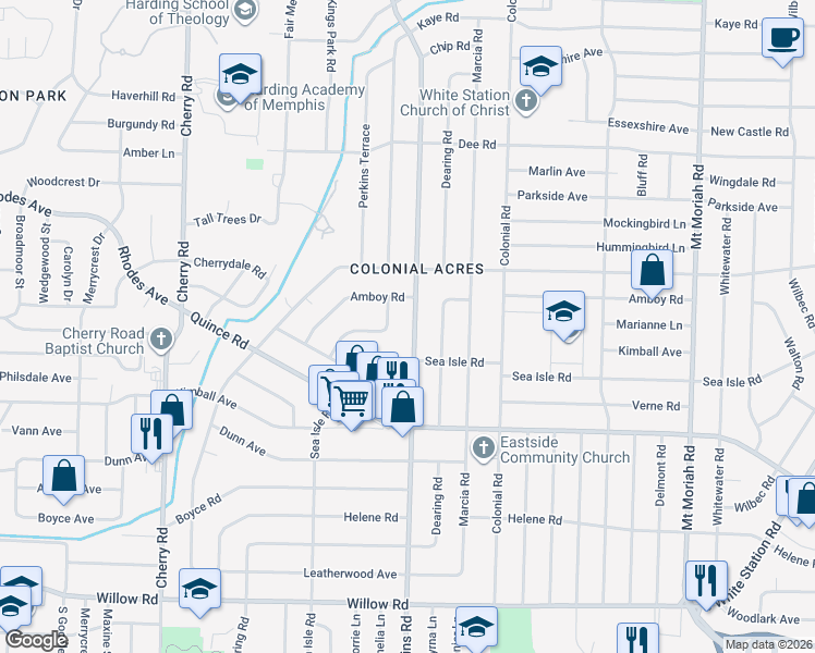map of restaurants, bars, coffee shops, grocery stores, and more near 1355 South Perkins Road in Memphis