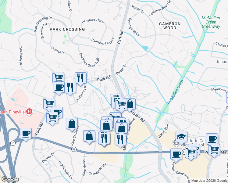 map of restaurants, bars, coffee shops, grocery stores, and more near 9911 Oakbrook Drive in Charlotte