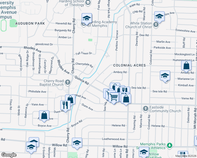 map of restaurants, bars, coffee shops, grocery stores, and more near 4521 Verne Road in Memphis