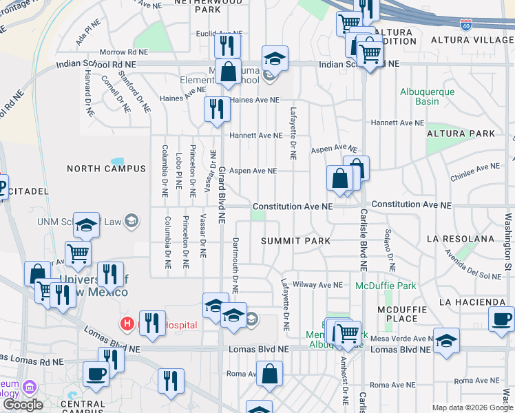 map of restaurants, bars, coffee shops, grocery stores, and more near Constitution Avenue Northeast & Richmond Drive Northeast in Albuquerque