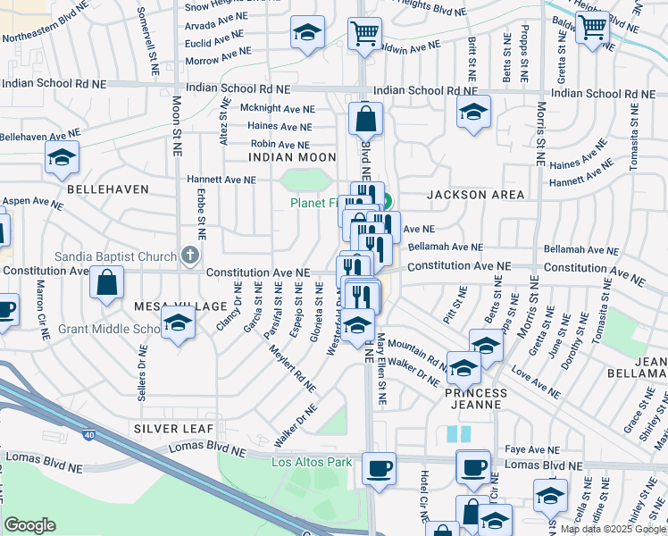 map of restaurants, bars, coffee shops, grocery stores, and more near 99999 Glorieta Street Northeast in Albuquerque
