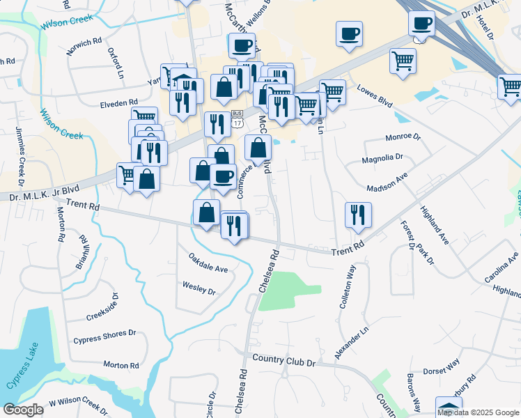 map of restaurants, bars, coffee shops, grocery stores, and more near 1309 McCarthy Boulevard in New Bern