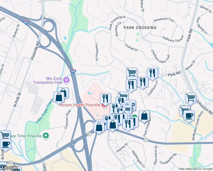 map of restaurants, bars, coffee shops, grocery stores, and more near 10508 Park Road in Charlotte