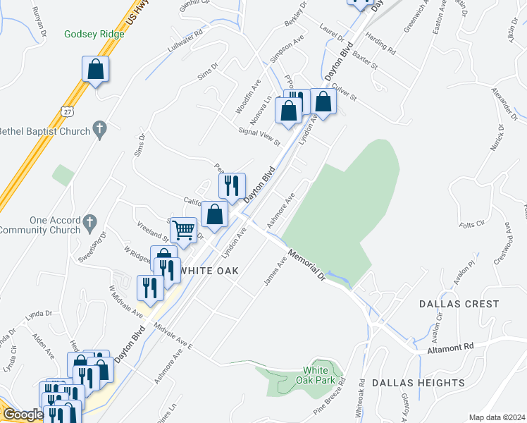 map of restaurants, bars, coffee shops, grocery stores, and more near 2328 Ashmore Avenue in Chattanooga