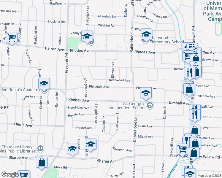 map of restaurants, bars, coffee shops, grocery stores, and more near 3582 Kimball Avenue in Memphis