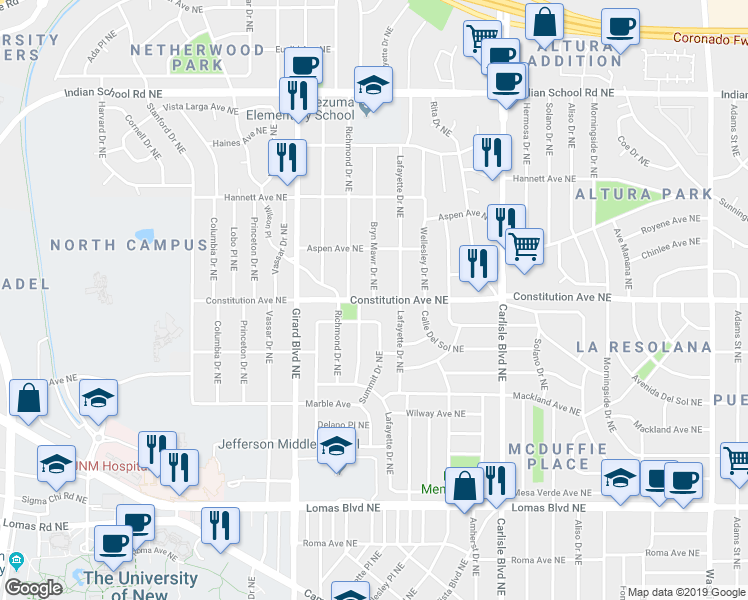 map of restaurants, bars, coffee shops, grocery stores, and more near Constitution Ave NE & Bryn Mawr Dr NE in Albuquerque