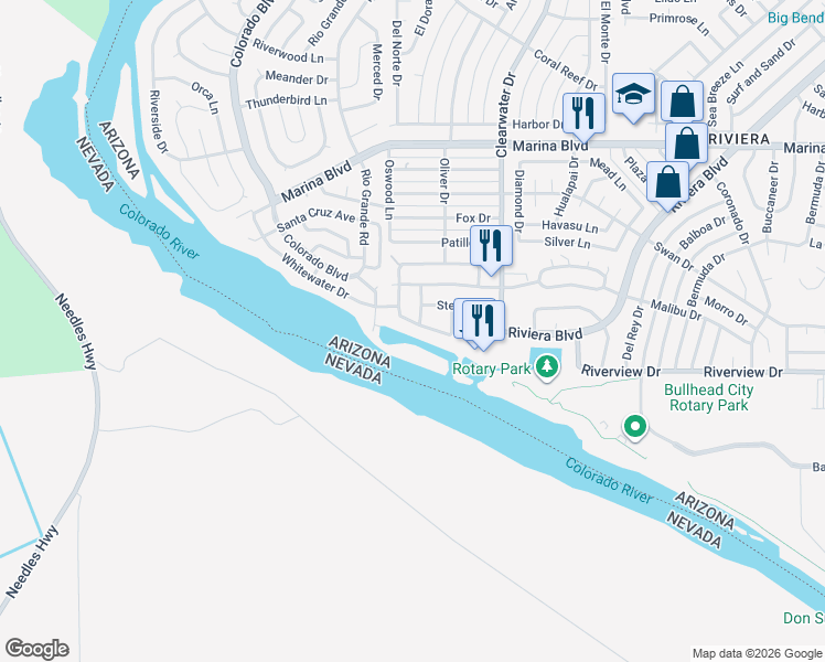 map of restaurants, bars, coffee shops, grocery stores, and more near 394 Whitewater Drive in Bullhead City