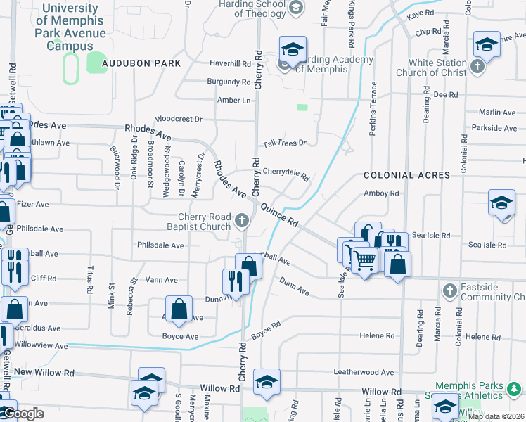 map of restaurants, bars, coffee shops, grocery stores, and more near 1376 Cherry Road in Memphis