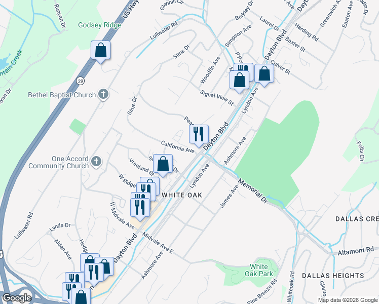 map of restaurants, bars, coffee shops, grocery stores, and more near 2230 Dayton Boulevard in Chattanooga